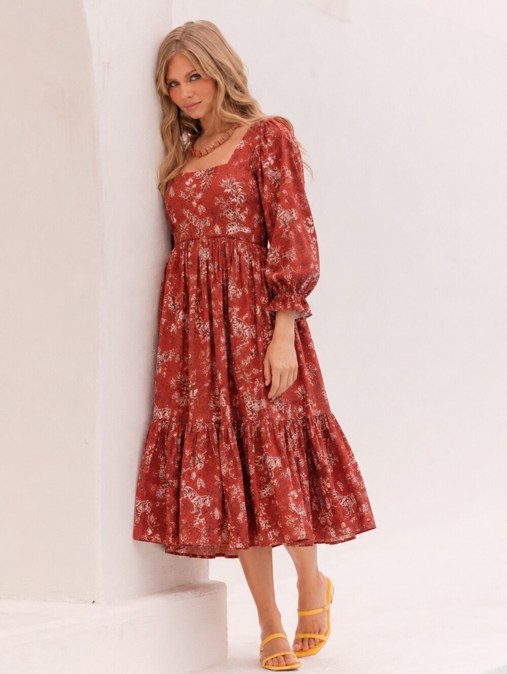 JESSAKAE Red Floral Square-Neck Midi Dress Zebra Print Ruffles Farm Rio Style